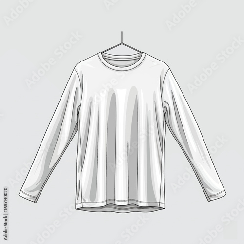 Blank white long-sleeve t-shirt vector illustration hanging on a hanger, an ideal mockup template for apparel design and branding projects