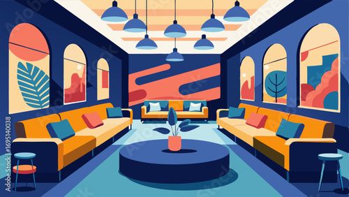 A large communal seating area with plush couches and modern artwork.