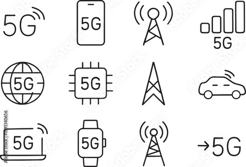 5G Technology Icons Mobile Network Antenna Smartphone Car Chip Globe vector illustration