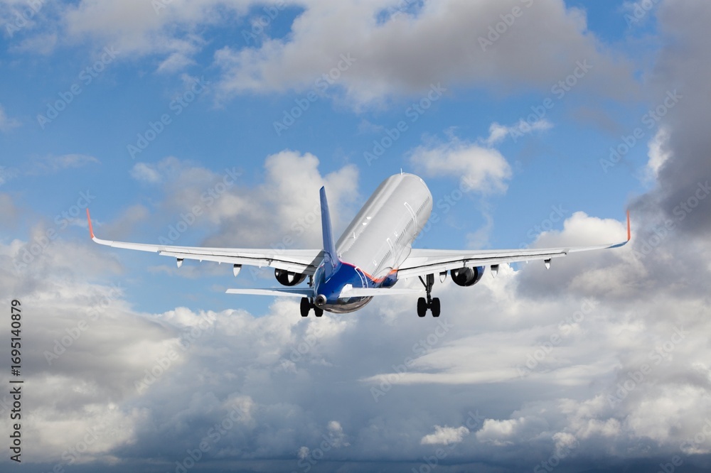 Obraz premium Airplane flying in blue sky, travel background