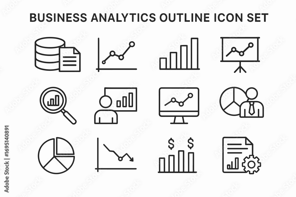 Fototapeta premium Business and Finance Icons Set – Growth Chart, Pie Diagram, Presentation, Money, Global Economy, Strategy