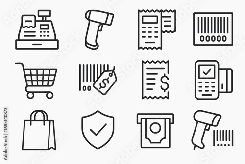 Retail and Payment Line Icons – Cash Register, Barcode, Shopping, Receipt