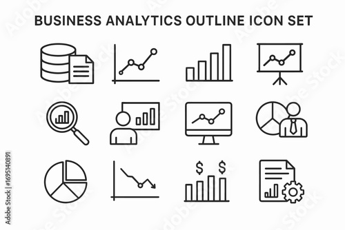 Business and Finance Icons Set – Growth Chart, Pie Diagram, Presentation, Money, Global Economy, Strategy