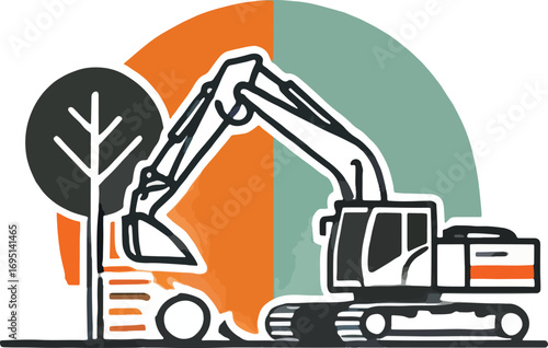 Excavator near tree orange green background illustration