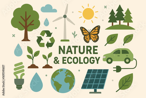 Nature and Ecology Illustration – Green Energy, Sustainability, Recycling, Renewable Resources