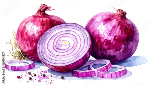 Watercolor illustration of red onions