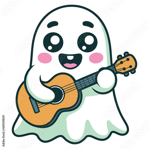 A cheerful cartoon ghost, , serenades with a ukulele, its spectral form radiating joy and musical delight, bringing a whimsical touch to any project
