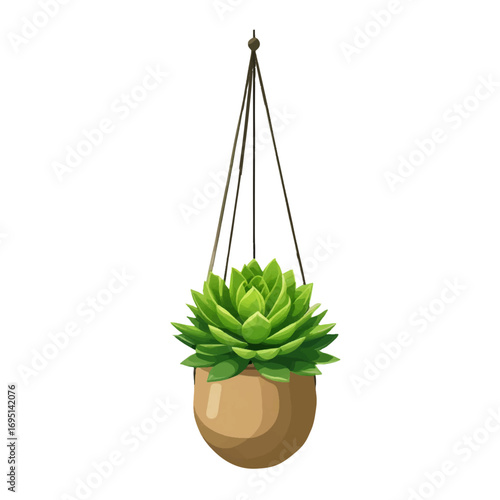 House plants in a flower pot. Vector illustration. The theme of the dock's interior is eco-style. Hanging planters with juicy green succulents in a simple modern pot