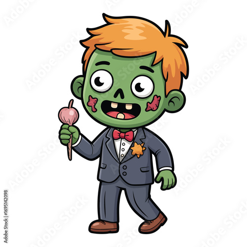 A cartoon zombie boy in a suit holding a lollipop he has green skin, red hair, and is wearing a bow tie and boutonniere