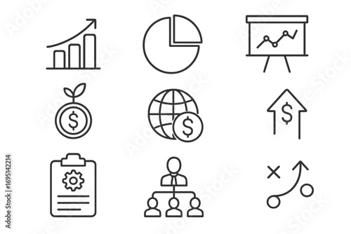 Business and Analytics Icons Set – Growth, Global Market, Statistics, Strategy, Management