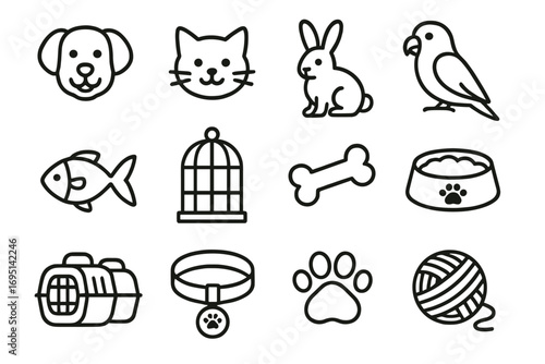 Pet Care and Animal Icons Set – Dog, Cat, Bird, Rabbit, Fish, Food and Accessories