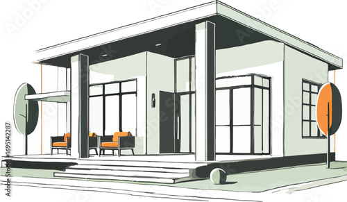 Modern House Exterior Sketch Green White Orange architecture
