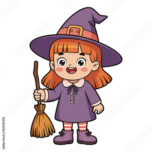 A cute little witch with red hair is holding a broom she is wearing a purple dress and hat, and she is smiling happily
