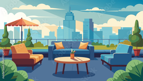 An outdoor terrace with comfortable seating and a view of the surrounding cityscape.