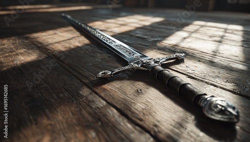 Long silver sword with black handle and guard lying on dark wooden table, medieval or fantasy weapon