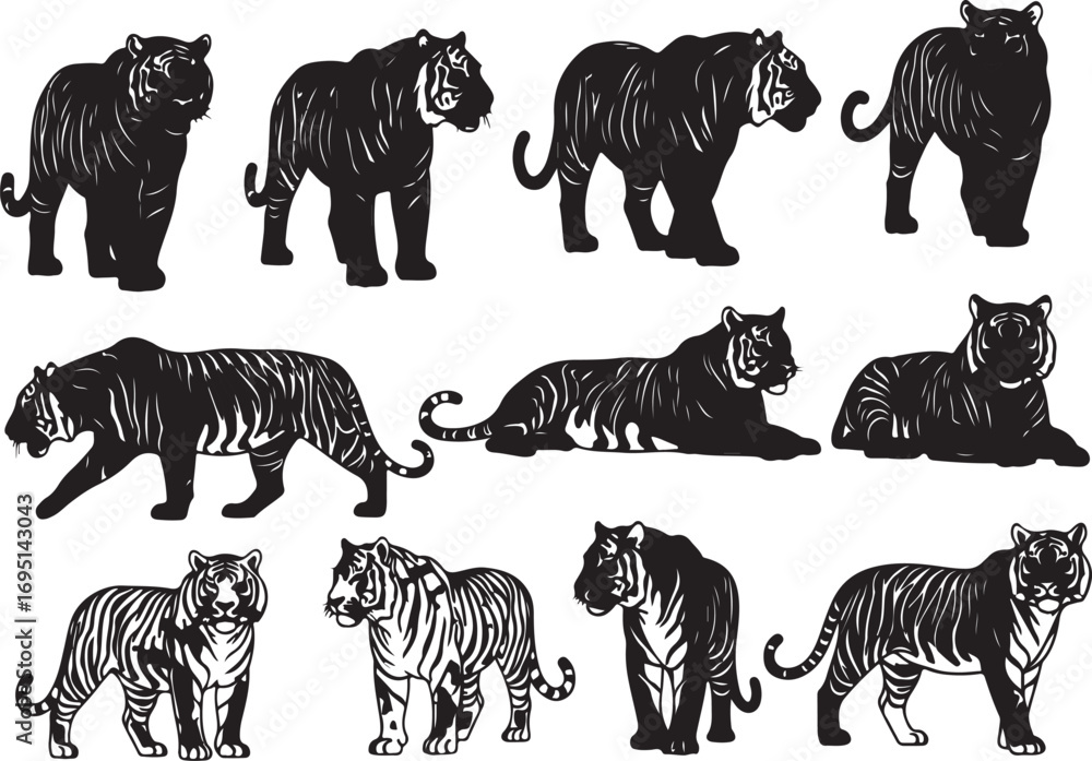 Naklejka premium Collection of Tiger Silhouettes in Various Poses Symbolizing Strength and Elegance Creating a Versatile Animal Graphic Design Element on White Background