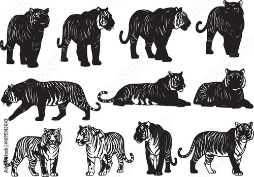 Collection of Tiger Silhouettes in Various Poses Symbolizing Strength and Elegance Creating a Versatile Animal Graphic Design Element on White Background