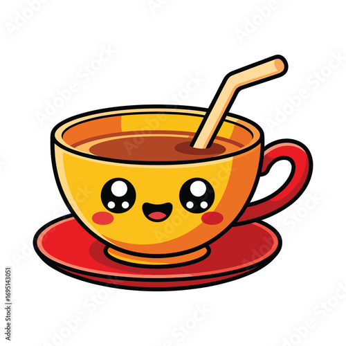 Cartoon cup of coffee with a straw cute coffee cup character with eyes and smile vector illustration of a kawaii drink
