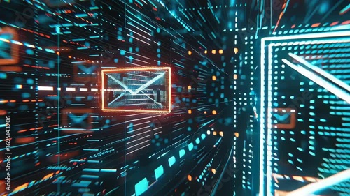Futuristic Glowing Blue Email Icons in Digital Environment Representing Communication and Technology with Vibrant Colors and Dynamic Elements