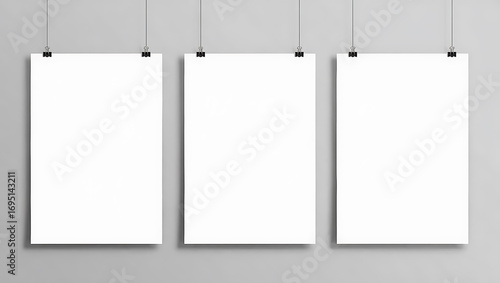 Three blank white posters hanging on wall mockup