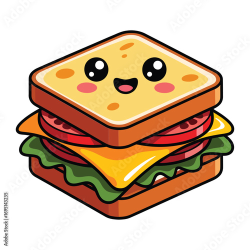 Cute sandwich cartoon, featuring a smiling face, perfect for illustrating healthy eating, kids menus, or foodrelated designs with a playful touch