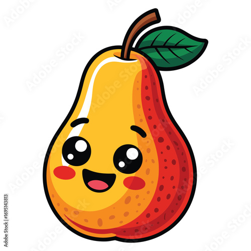 A cute cartoon pear with a happy face illustration of a delicious fruit with smiling face and leaf