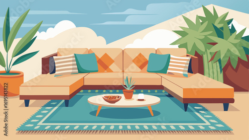An outdoor lounge area with a comfortable sectional sofa and a large woven rug creating a comfortable and inviting space to relax in.