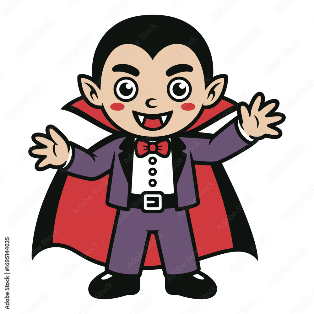 Obraz premium Cute cartoon vampire with a purple suit and red cape perfect for halloween invitations, decorations, or childrens books