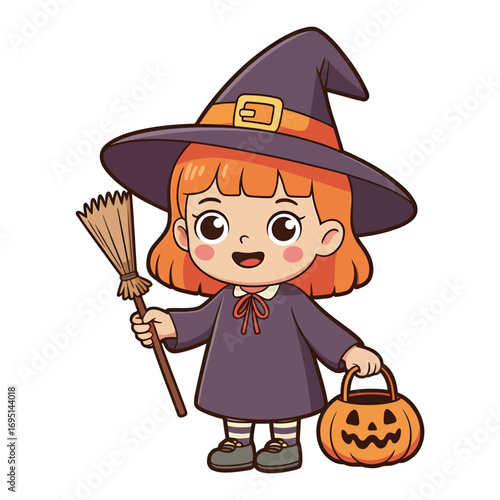 Cute cartoon witch girl with pumpkin bucket vector illustration of a kid in witch costume for halloween party