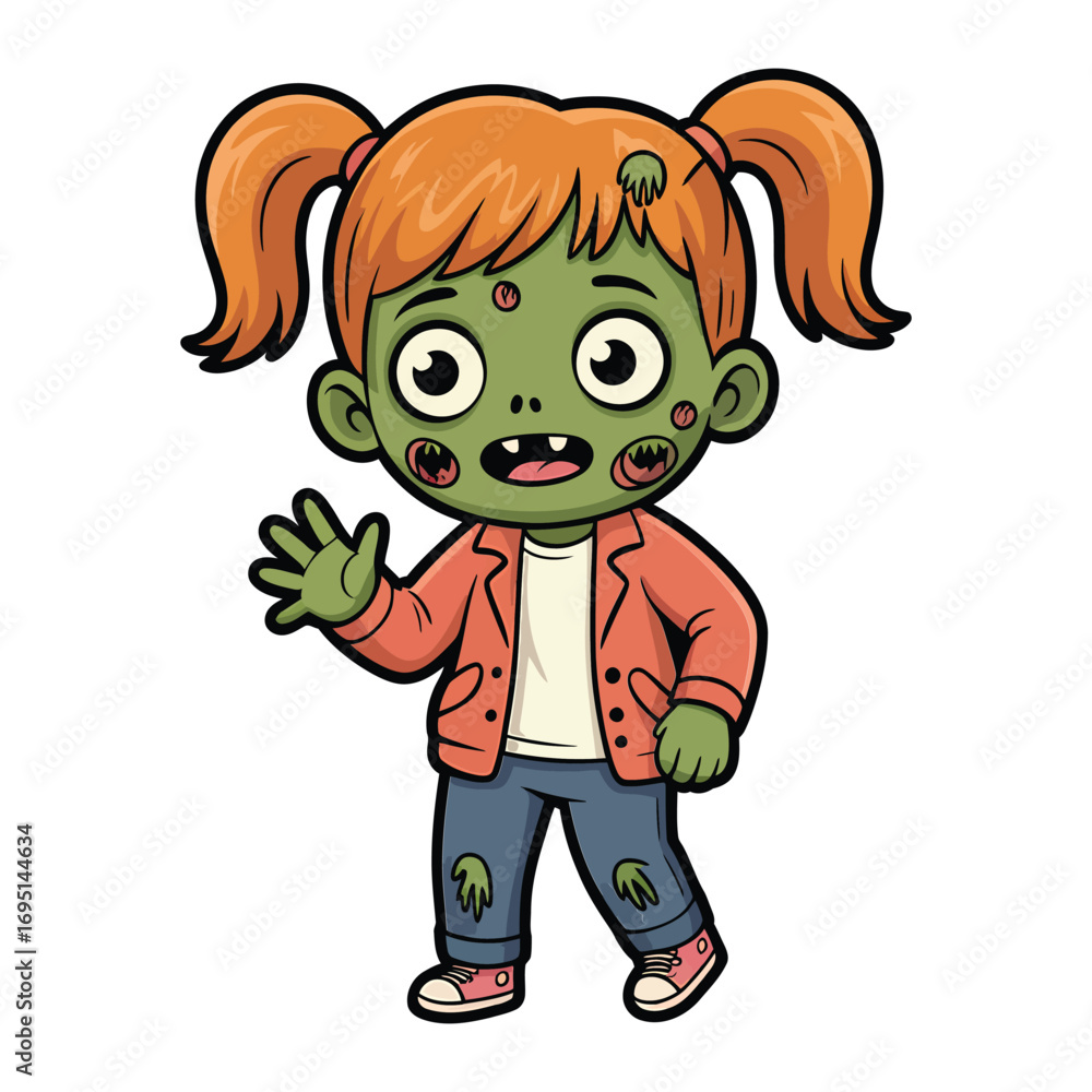 Obraz premium Adorable zombie girl with pigtails she is wearing a pink jacket and jeans, perfect for halloween or a spooky themed design