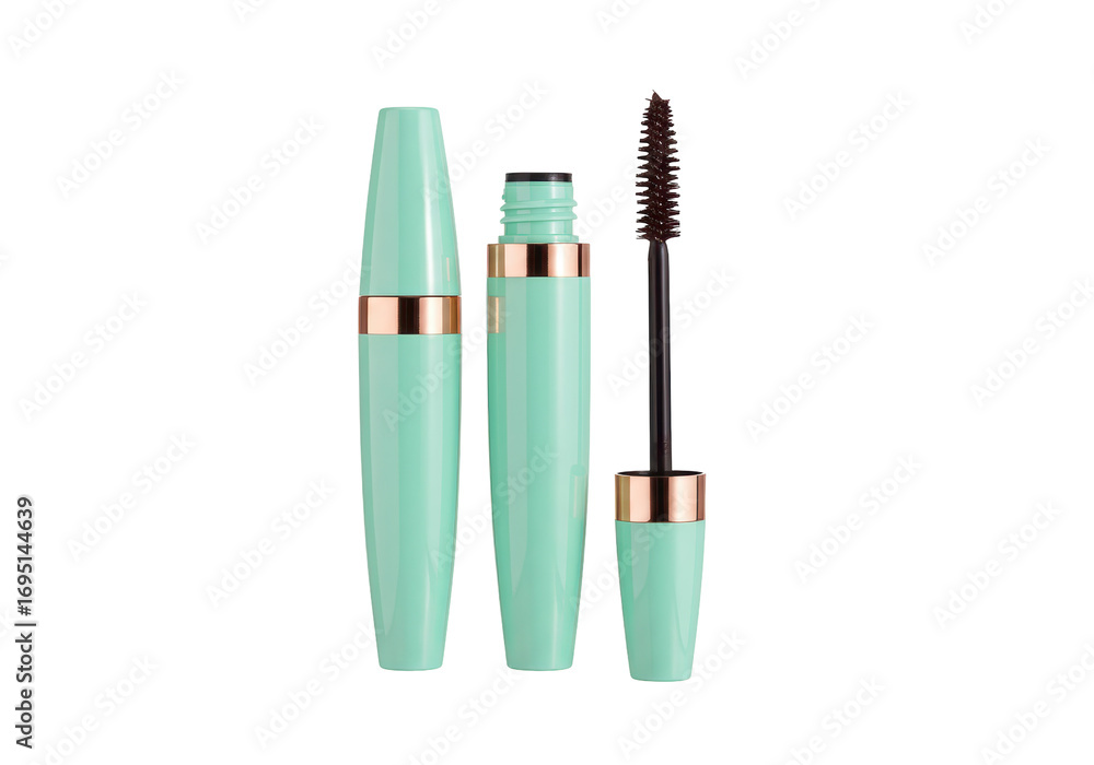 Obraz premium Isolated open aqua cosmetic bottle with brown brush applicator ready for makeup process