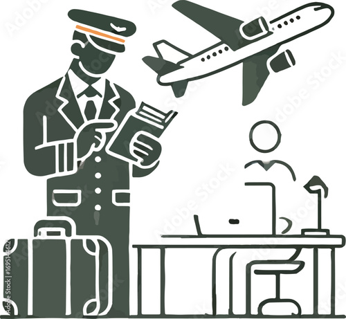 Airplane Pilot with Suitcase near Desk and Airplane