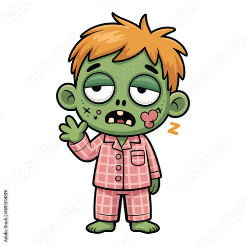 Cartoon zombie boy yawning cute undead kid with green skin, orange hair, and pink pajamas tired halloween character illustration