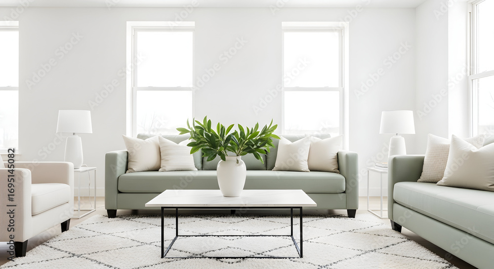 Fototapeta premium Modern and bright living room interior design with comfortable furniture and decor