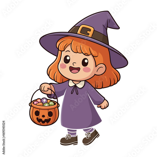 A cute little witch with a pumpkin bucket full of candy, halloween concept with a cheerful cartoon character