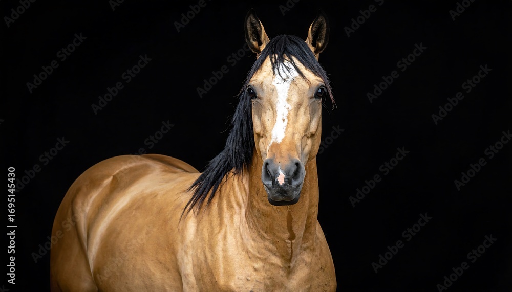 Obraz premium A stunning, light-tan horse, against a dramatic black backdrop, commands attention with its regal presence.