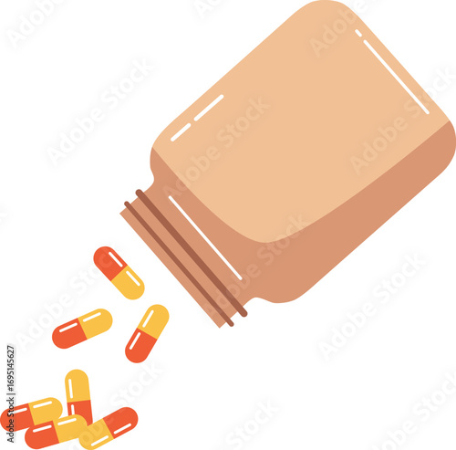 Vector illustration of pills falling out of a beige plastic jar. Isolated on transparent background.