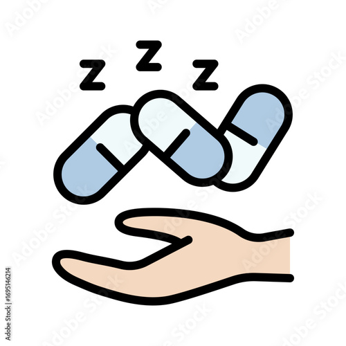 Sleeping Pills in Hand Color Icon. Sleep Aid Medication. Nighttime Rest And Relaxation. Insomnia Relief Flat Symbol. Isolated Vector Illustration, isolated on white background.