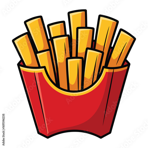 Cartoon french fry, a classic and popular side dish, perfect for a quick snack or a meal, served in a red paper container