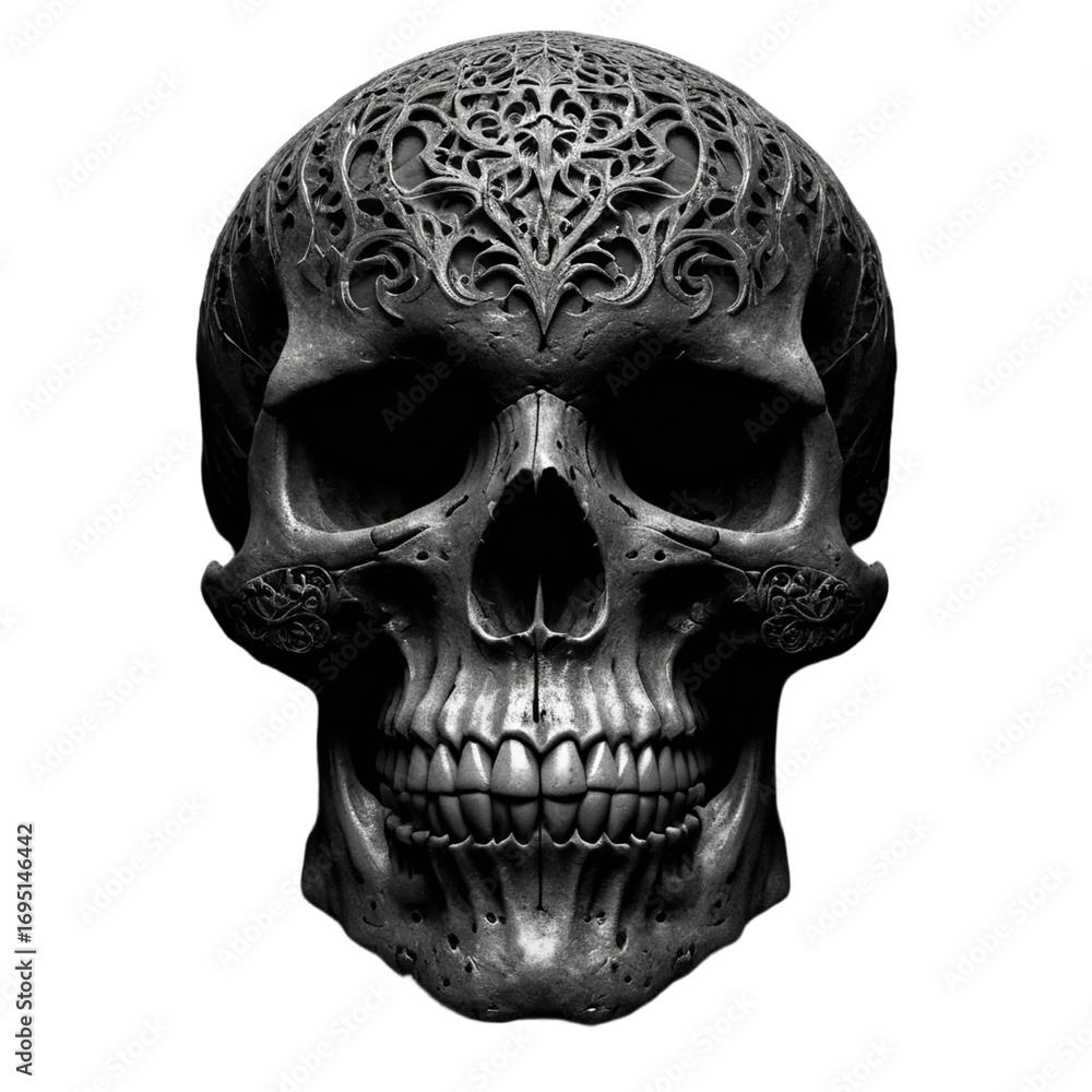 Fototapeta premium Ornate carved skull with intricate patterns isolated on transparent background