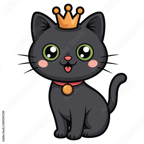 A regal black cat wearing a golden crown, , creating a charming and whimsical illustration for various designs