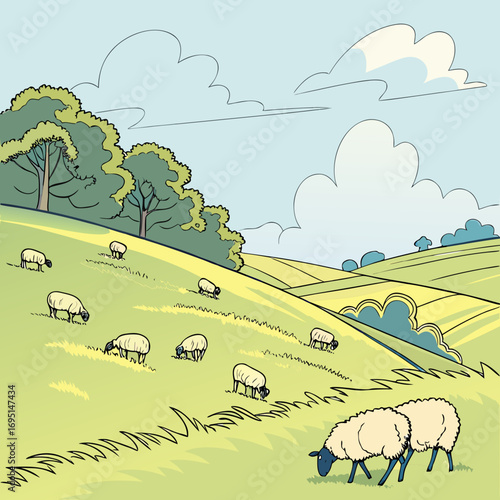 Vector Illustration of a flock of sheep grazing in a field on a beautiful sunny day vector illustration 