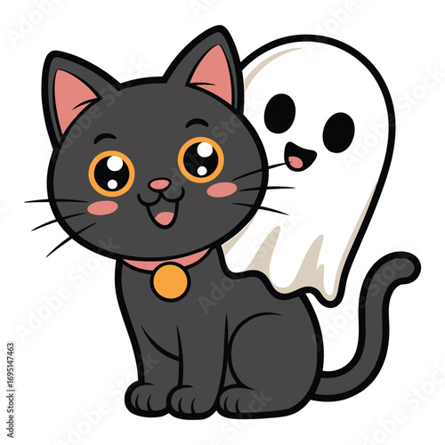 A cute black cat with a playful ghost friend, , perfect for halloween or spooky season illustrations and designs