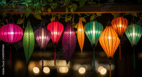 A vibrant display of colorful lanterns hanging, casting a warm glow and creating a festive atmosphere for celebration and cultural events