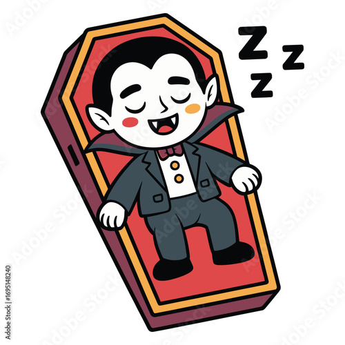 Cute cartoon vampire sleeping in coffin perfect for halloween, spooky themes, or childrens illustrations about bedtime
