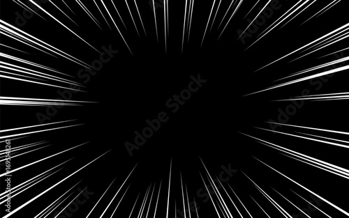 Manga comic effect banner with speed rays in retro style. White action line speed effect. Radial speed or action lines anime comic background. Cartoon stripes for decoration.