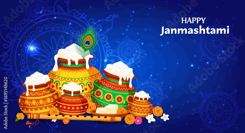Happy Janmashtami Illustration Festive Pots of Butter and Krishna's Celebration Design