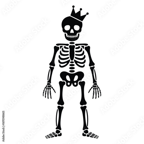 A regal skeleton with a crown, , is ready to rule the underworld with a bony fist and a spooky decree