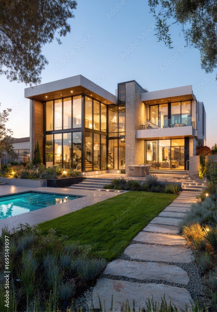 Fototapeta premium Modern house with pool and landscaping at dusk
