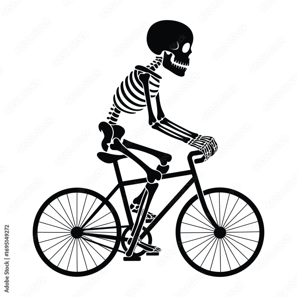 Fototapeta premium A skeleton riding a bicycle the skeleton is depicted in a cartoonish style, with exaggerated features and a dynamic pose, conveying a sense of movement
